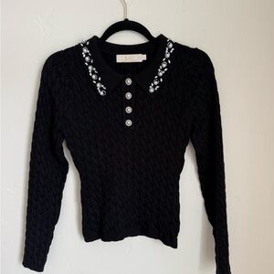 Black Embellished Collar Cable Knit Long Sleeve Top